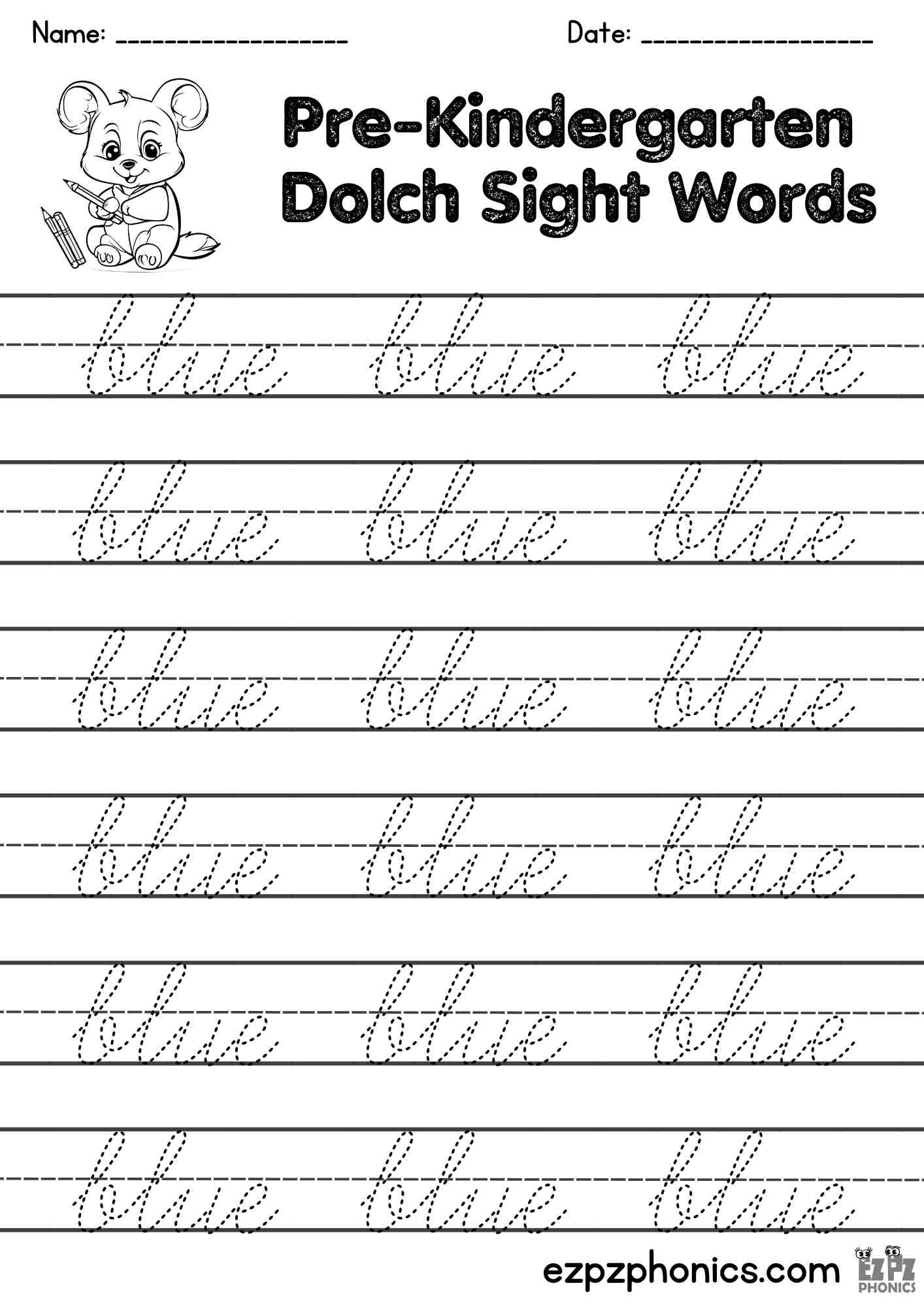 The Word Blue Cursive Writing Practice – Pre-K Dolch Sight Words | Free PDF Download